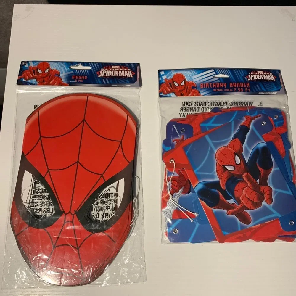 Spider-Man birthday party, masks, and birthday banner. 8 masks and 7 ft banner